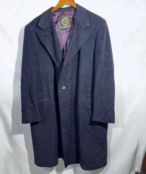 Kaufmann's Men's Navy Cashmere Long Overcoat Notch Collar Button Pockets